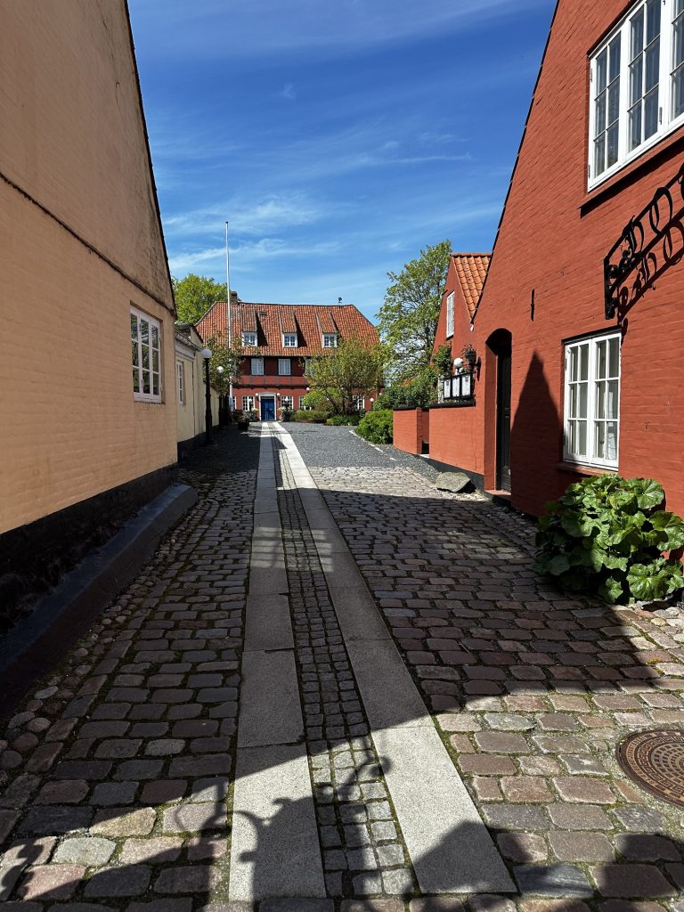 Rote Backsteinhäuser und schmiedeeisernes Ladenschild unter blauem Himmel