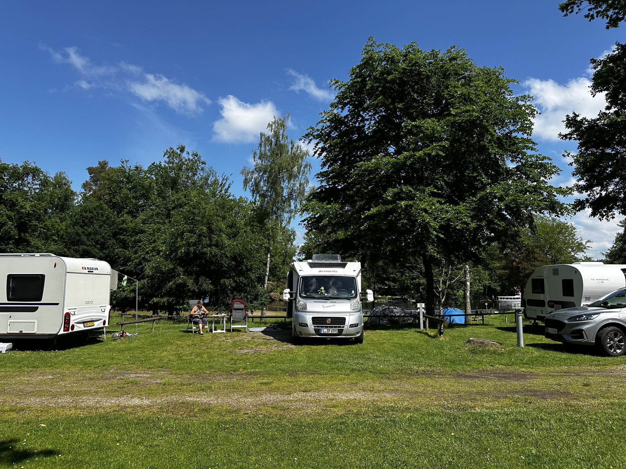 Emma zwischen zwei Wohnwagen auf der Stellplatzwiese